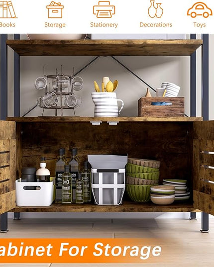 Storage Cabinet with 3 Open Shelves, 1 Cupboard Large Kitchen Industrial Display Standing Shelf, Rustic Brown Wooden and Metal FrameShelf for Living Room, Bedroom, Home Office Organizer - LeafyLoom