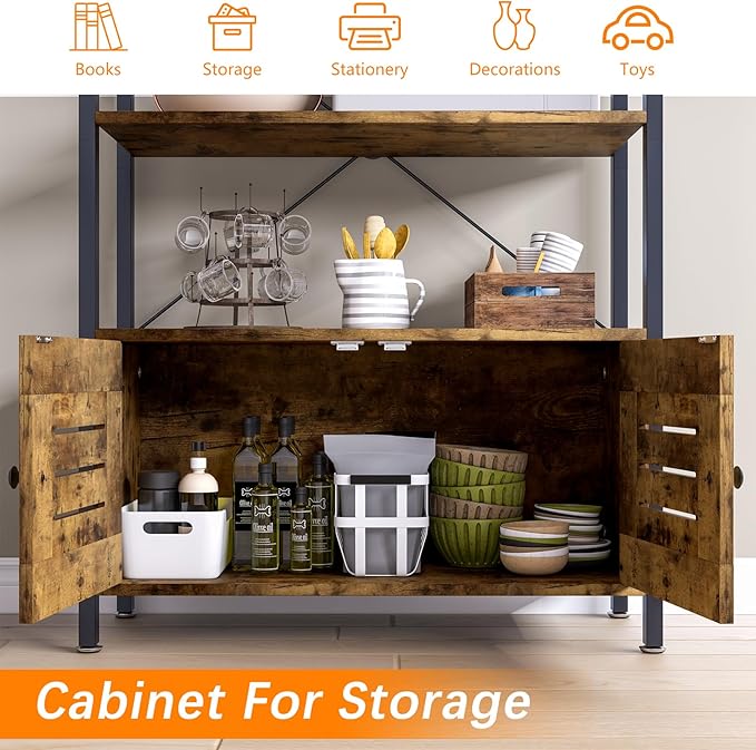 Storage Cabinet with 3 Open Shelves, 1 Cupboard Large Kitchen Industrial Display Standing Shelf, Rustic Brown Wooden and Metal FrameShelf for Living Room, Bedroom, Home Office Organizer - LeafyLoom
