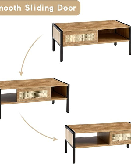 Rattan Coffee Table 40 Inch Mid Century Modern Coffee Table with Storage, Industrial Metal Rectangle Wood Center Table with Rattan Sliding Door for Living Room, Natural - LeafyLoom