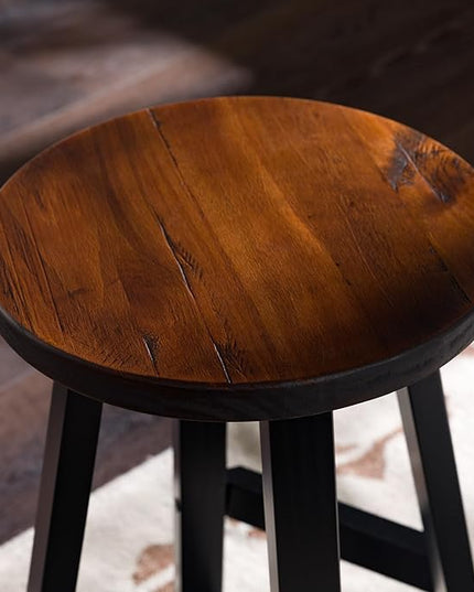 Walker Edison Rustic Distressed Solid Wood Round Dining Room Counter Top Bar Stool, 24 Inch, Mahogany - LeafyLoom