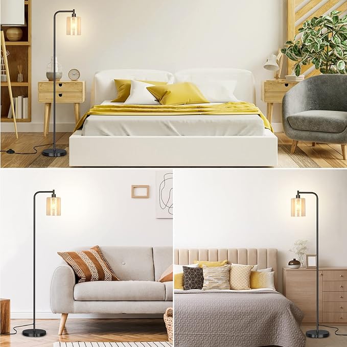 QiMH Industrial Floor Lamp for Living Room, Modern Standing Lamp with HD Glass Lampshade and Pedal Switch, 67” Tall Pole Light for Bedroom Study Room, Black (2700K LED Bulb Included) - LeafyLoom