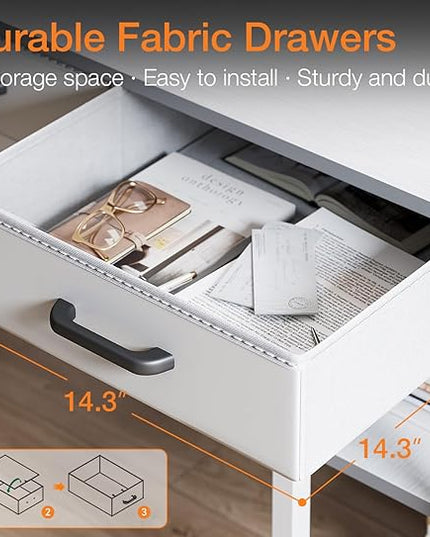 ODK Office Small Computer Desk: Home Table with Fabric Drawers & Storage Shelves, Modern Writing Desk, White, 48"x16" - LeafyLoom