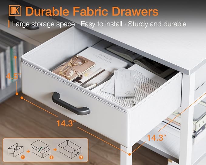 ODK Office Small Computer Desk: Home Table with Fabric Drawers & Storage Shelves, Modern Writing Desk, White, 48"x16" - LeafyLoom