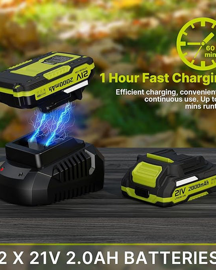 Leaf Blower, 21V Electric Cordless Leaf Blower, 2 X 2.0Ah Batteries and Charger Included, Lightweight Leaf Blower for Patio Cleaning, Lawn Care, Blowing Leaves and Dust, etc. - LeafyLoom