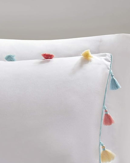 Mi Zone Kids Tessa Cozy Comforter Set, Colorful Fun Design All Season Children Bedding Girls Bedroom Décor, Full/Queen, White with Colorful Tassel 4 Piece - LeafyLoom