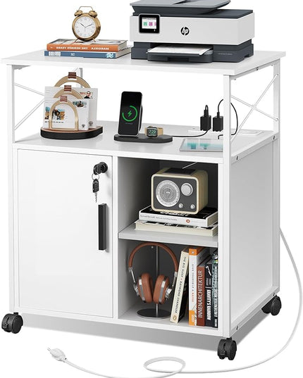 DEVAISE File Cabinet with Charging Station, Lockable Lateral Filing Cabinets for Home Office, Printer Cabinet Accommodates A4/Letter size file folders, White - LeafyLoom