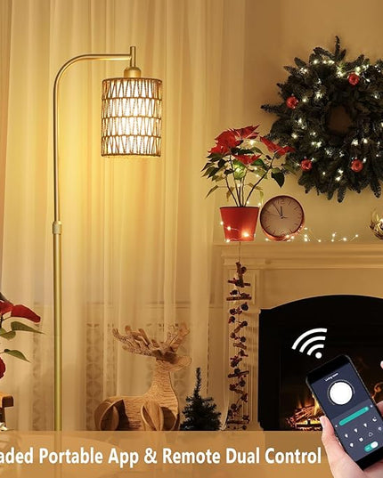 Modern Gold Floor Lamps for Living Room, Boho Rattan Floor Lamp with Remote & Dimmable LED Bulb, Farmhouse Standing Lamp with Rattan Shades, Minimalist Tall Pole Lamp for Bedroom Office - LeafyLoom