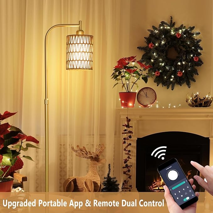 Modern Gold Floor Lamps for Living Room, Boho Rattan Floor Lamp with Remote & Dimmable LED Bulb, Farmhouse Standing Lamp with Rattan Shades, Minimalist Tall Pole Lamp for Bedroom Office - LeafyLoom