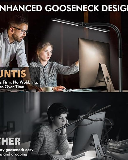 Quntis Desk Lamp for Home Office, 30.7'' Double Head Architect Desk Light with Clamp, 24W Bright 25 Lighting Modes Eye Care No Glare, Adjustable Gooseneck Task Lamp Workbench Reading Study, Gray - LeafyLoom