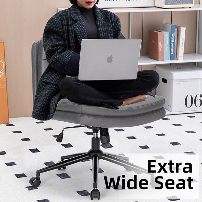 Armless Office Chair with Wheels Wide Desk Chair Leather Mid Back Accent Chair Padded Swivel Vanity Chair for Girl Women Computer Task Chair for Home Office (Suede Fabric,Gray) - LeafyLoom