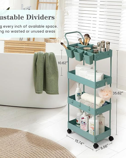 danpinera Slim Storage Cart on Wheels, 4 Tier Narrow Laundry Cart with Hooks Hanging Cups Dividers Mobile Rolling Lash Cart with Handle for Bathroom Small Spaces, Green - LeafyLoom