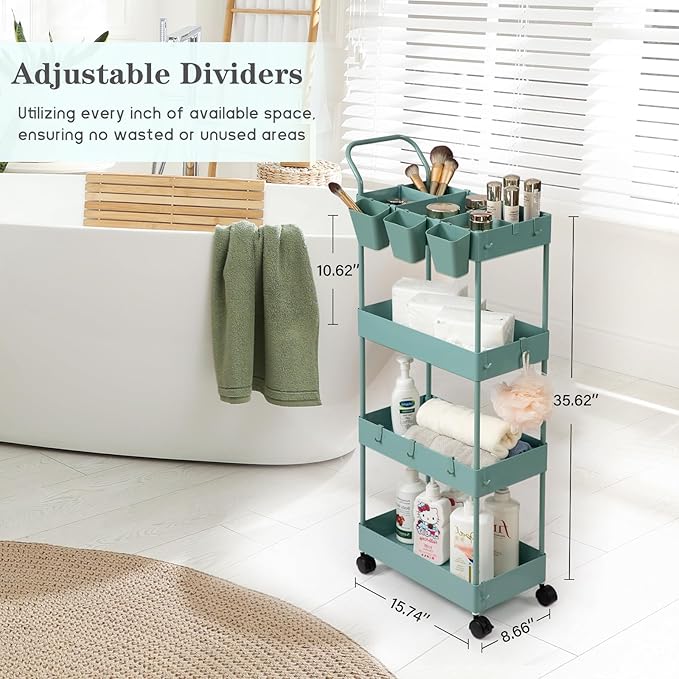 danpinera Slim Storage Cart on Wheels, 4 Tier Narrow Laundry Cart with Hooks Hanging Cups Dividers Mobile Rolling Lash Cart with Handle for Bathroom Small Spaces, Green - LeafyLoom
