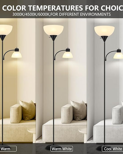 Floor Lamp for Living Room 9W LED Torchiere Floor Lamp with 9W Adjustable Reading Lamp Black 72" Tall Floor Lamps for Bedroom Office Two Independent Rotary switches Including 2 Light Bulbs. - LeafyLoom