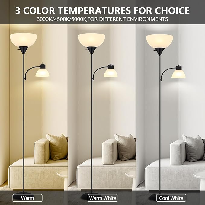 Floor Lamp for Living Room 9W LED Torchiere Floor Lamp with 9W Adjustable Reading Lamp Black 72" Tall Floor Lamps for Bedroom Office Two Independent Rotary switches Including 2 Light Bulbs. - LeafyLoom