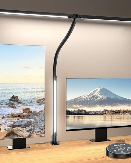 LED Desk Lamp with Clamp,Architect Desk Lamp for Home Office,24W Ultra Bright with RGB Atmosphere Lighting,Remote Control,5 Color Modes & 5 Dimmable Eye Protection for Monitor Studio Reading - LeafyLoom
