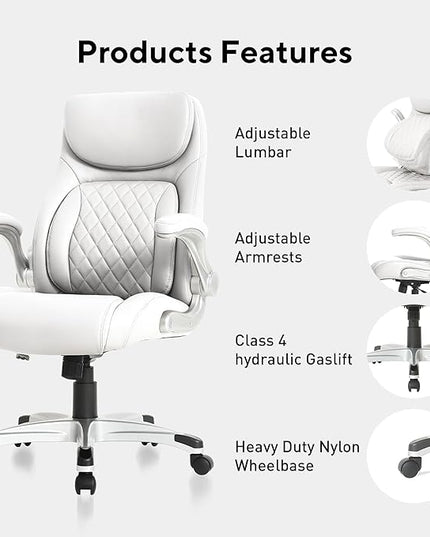 Nouhaus Ergonomic Office Chair Premium Microfiber Leather Adjustable Lumbar Support, Home Desk Gaming Chairs Executive Computer Chair with Adjustable Armrests (Posture,White) - LeafyLoom
