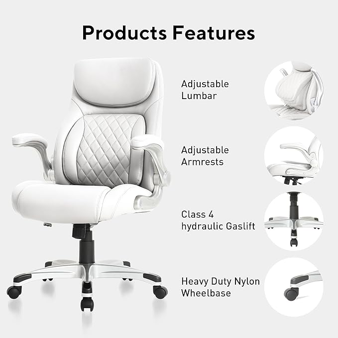 Nouhaus Ergonomic Office Chair Premium Microfiber Leather Adjustable Lumbar Support, Home Desk Gaming Chairs Executive Computer Chair with Adjustable Armrests (Posture,White) - LeafyLoom