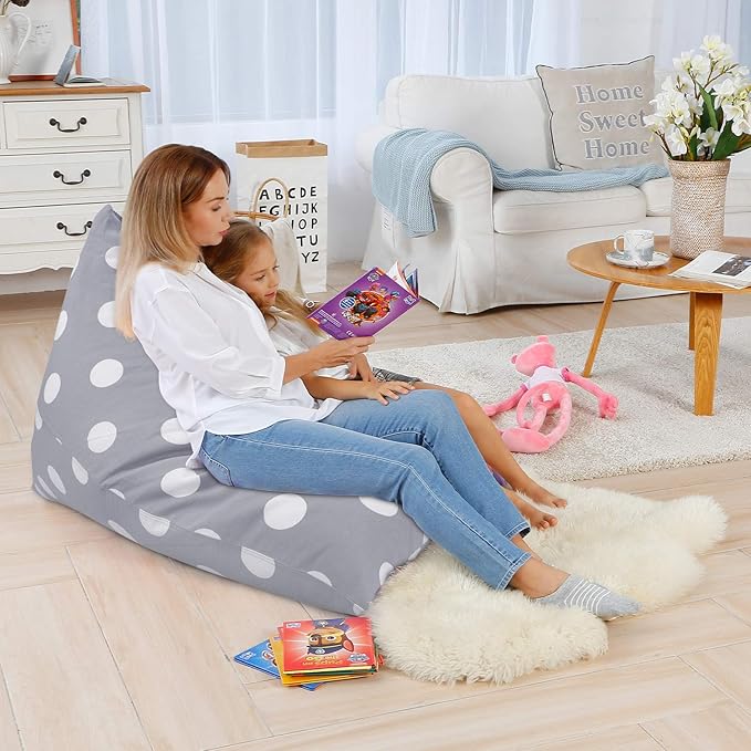 Aubliss Stuffed Animal Storage Bean Bag Chair Cover, 50"x 35" Extra Large Bean Bags for Kids & Adults, Beanbag Toy Storage for Boys Girls - Premium Cotton Canvas Grey Dot - LeafyLoom