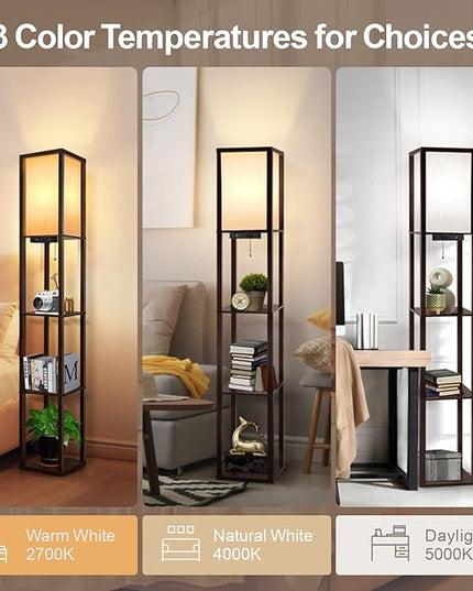 OUTON Floor Lamp with Shelves, LED Shelf Floor Lamp with USB & Type C Ports, 1 AC Outlet, 3 Color Temperature, Storage Display Wood Column Tall Standing Lamp for Living Room, Bedroom Office, Walnut - LeafyLoom