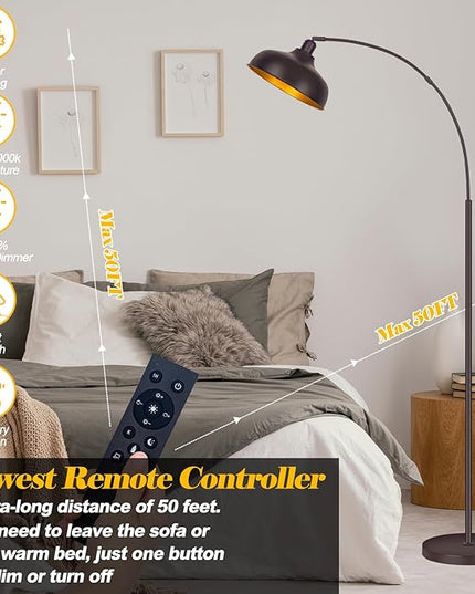 Arc Floor Lamps Bronze, Standing Lamps for Living Room with Remote Control, Foot Switch, Metal Shade, Arched Floor Lamp with Stepless Dimmable LED Bulb, Brown Floor Reading Tall Lamp for Bedroom - LeafyLoom