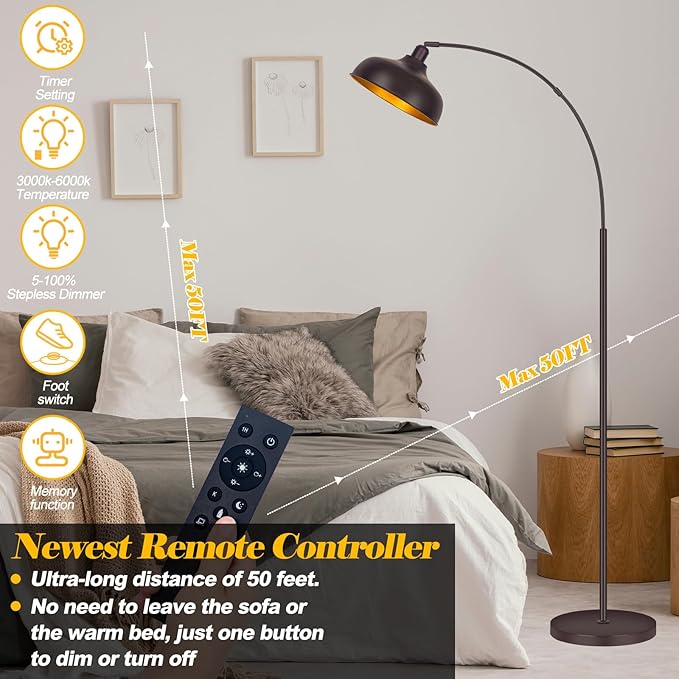 Arc Floor Lamps Bronze, Standing Lamps for Living Room with Remote Control, Foot Switch, Metal Shade, Arched Floor Lamp with Stepless Dimmable LED Bulb, Brown Floor Reading Tall Lamp for Bedroom - LeafyLoom