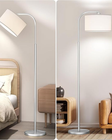 Arc Floor Lamps for Living Room with 3 Color Temperatures, Modern Floor Lamp Reading Light with 9W Bulb Included, Standing Lamp with Adjustable White Hanging Shade for Bedroom Office(Silver) - LeafyLoom