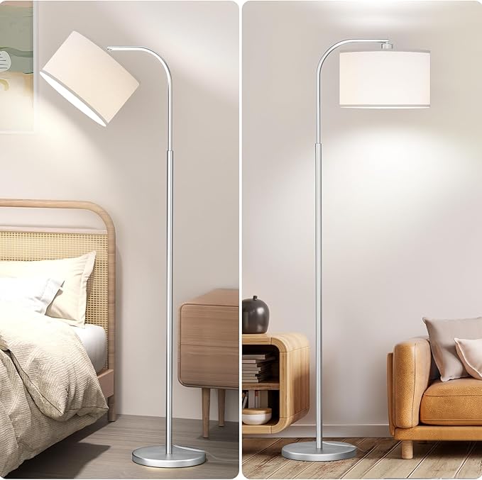 Arc Floor Lamps for Living Room with 3 Color Temperatures, Modern Floor Lamp Reading Light with 9W Bulb Included, Standing Lamp with Adjustable White Hanging Shade for Bedroom Office(Silver) - LeafyLoom