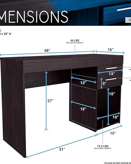 Techni Mobili Computer Home Office or Bedroom Storage & Drawers Ideal for Small Spaces Writing Desk, 47.6" W x 16.1" D x 30.3, Espresso - LeafyLoom