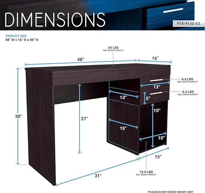 Techni Mobili Computer Home Office or Bedroom Storage & Drawers Ideal for Small Spaces Writing Desk, 47.6" W x 16.1" D x 30.3, Espresso - LeafyLoom