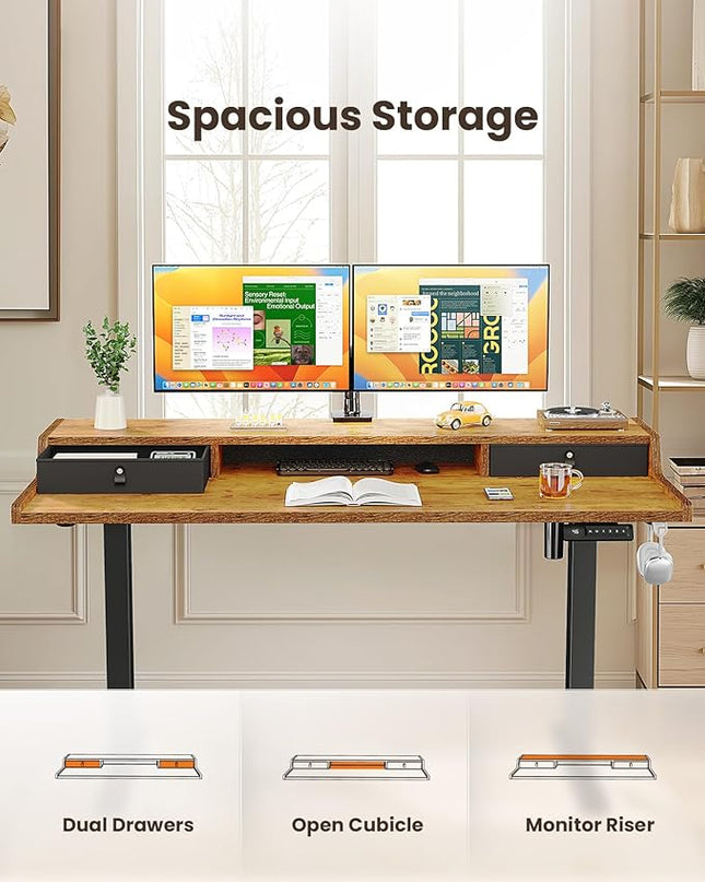 ErGear Electric Standing Desk with Drawers, 55″ x 28″ Gaming Desk with Monitor Stand, C-Clamp Mount Compatible, Home Office Height-Adjustable Desk with Storage Shelf, 4 Preset Heights, Vintage Brown - LeafyLoom