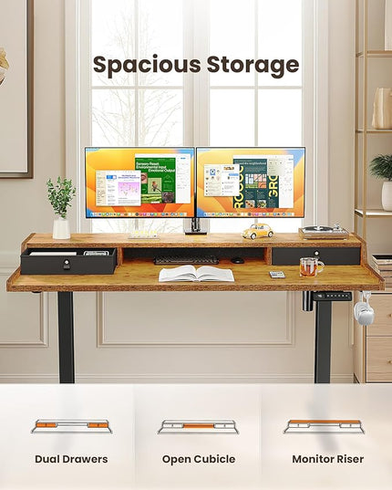 ErGear Electric Standing Desk with Drawers, 40″ x 24″ Gaming Desk with Monitor Stand, C-Clamp Mount Compatible, Home Office Height-Adjustable Desk with Storage Shelf, 4 Preset Heights, Vintage Brown - LeafyLoom