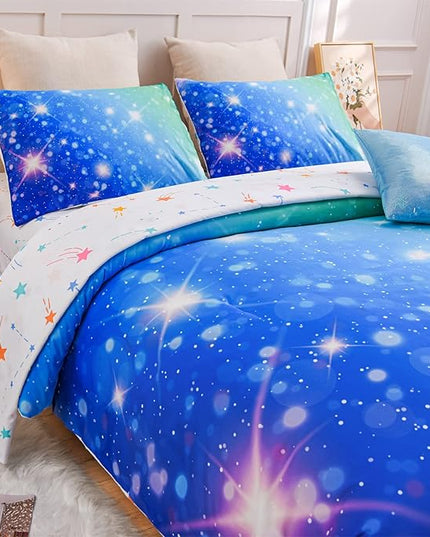 A Nice Night 6Pcs Gradient Glitter Bedding Set for Girls, Colorful Rainbow Galaxy Comforter Set, Ultra Soft Bedding Sets (Blue-Green,Queen 6Pcs) - LeafyLoom