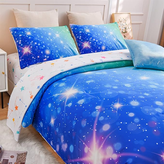 A Nice Night 6Pcs Gradient Glitter Bedding Set for Girls, Colorful Rainbow Galaxy Comforter Set, Ultra Soft Bedding Sets (Blue-Green,Twin 6Pcs) - LeafyLoom