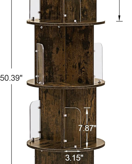 VECELO 4 Tier Revolving Bookshelf Tower, 360° Display Floor Standing Storage Rack with Acrylic Visible Window Partition for Bedroom, Living Room Home and Office, Brown - LeafyLoom