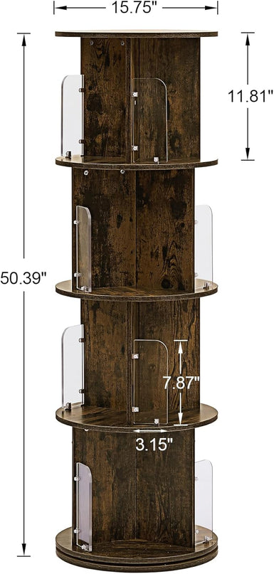 VECELO 4 Tier Revolving Bookshelf Tower, 360° Display Floor Standing Storage Rack with Acrylic Visible Window Partition for Bedroom, Living Room Home and Office, Brown - LeafyLoom