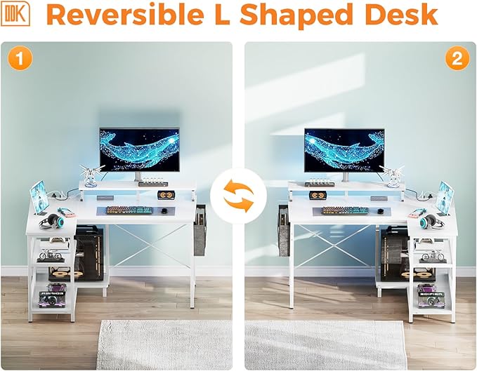 ODK 40 Inch Gaming Desk with USB Charging Ports and LED Lights, Reversible L Shaped Computer Desk with Storage Shelves & Monitor Stand, Corner Home Office Desk Table with Power Outlets, White - LeafyLoom