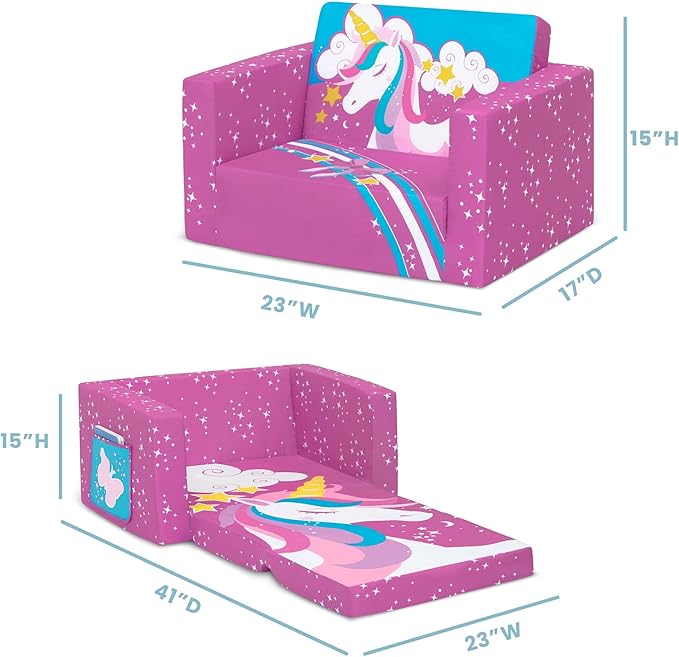 Delta Children Unicorn Cozee Flip-Out Chair For Relaxing - 2-in-1 Convertible Lightweight,Portable Chair to Lounger for Toddlers & Kids - LeafyLoom