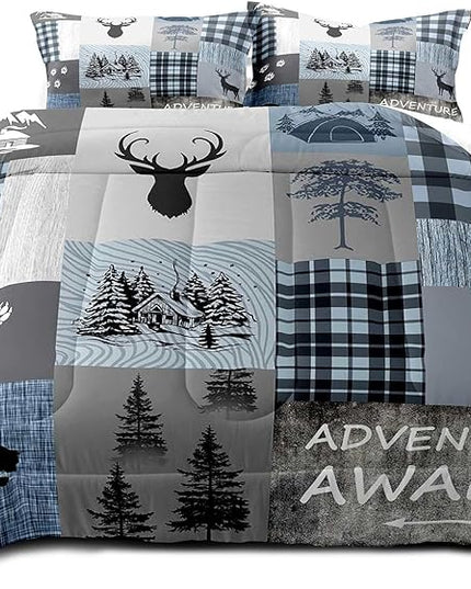 LUVIVIHOME 3PCS Rustic Cabin Comforter Set King Size, Black Bear Deer Elk Moose Woodland Forest Animals Wildlife Hunting Lodge Blue Plaid Country Farmhouse Bedding, Patchwork Quilt, 2 Pillow Shams - LeafyLoom