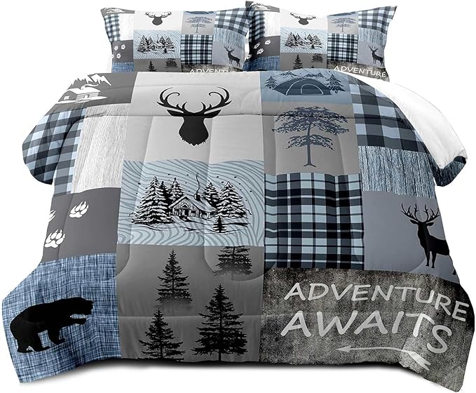 LUVIVIHOME 2PCS Rustic Cabin Comforter Set Twin, Black Bear Deer Elk Moose Woodland Forest Animals Wildlife Hunting Lodge Blue Plaid Country Farmhouse Bedding Sets, Patchwork Quilt, 1 Pillow Sham - LeafyLoom
