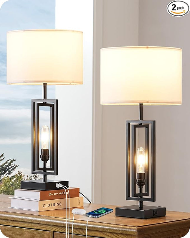 EDISHINE 25.6" Farmhouse Table Lamp with Night Light, Rustic Bedside Lamp Set of 2, A+C USB Ports, Touch 3-Way Dimmable Nightstand Lamp for Living Room, Bedroom, Home Decor - LeafyLoom