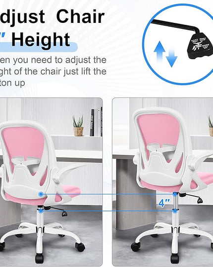 Primy Office Chair Ergonomic Desk Chair with Adjustable Lumbar Support and Height, Swivel Breathable Desk Mesh Computer Chair with Flip up Armrests for Conference Room (Pink) - LeafyLoom