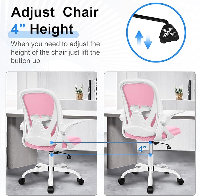 Primy Office Chair Ergonomic Desk Chair with Adjustable Lumbar Support and Height, Swivel Breathable Desk Mesh Computer Chair with Flip up Armrests for Conference Room (Pink) - LeafyLoom