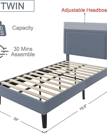 VECELO Twin Size Platform Bed Frame with Adjustable Upholstered Headboard, Modern Mattress Foundation, Strong Wood Slat Support, No Box Spring Needed, Easy Assembly - LeafyLoom