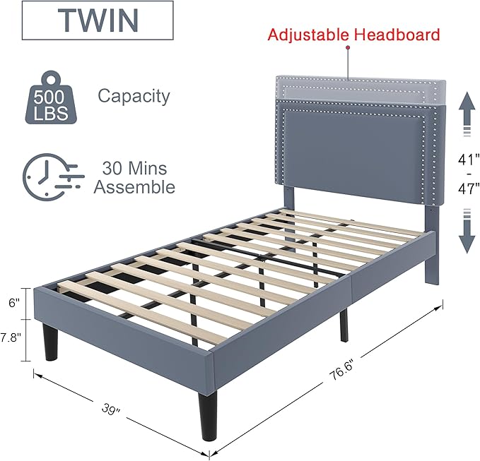 VECELO Twin Size Platform Bed Frame with Adjustable Upholstered Headboard, Modern Mattress Foundation, Strong Wood Slat Support, No Box Spring Needed, Easy Assembly - LeafyLoom