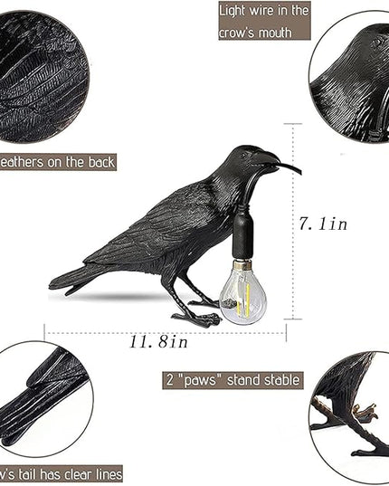 Raven Desk Lamp, Art Deco Raven Lamp, Bird Lamp, Resin LED Bird Light with Plug for Bedroom/Office/Living Room/Farmhouse - LeafyLoom