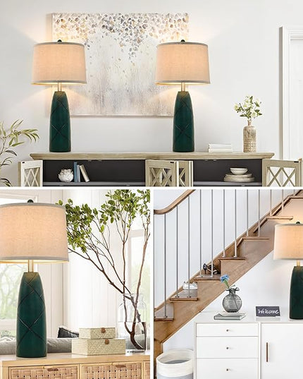26" Tall Table Lamps for Living Room Set of 2, Modern Green Lamps for Bedrooms, Farmhouse Rustic Bedside Nightstand Lamps, Large End Table Lamps for Office Kids Room Study Room - LeafyLoom