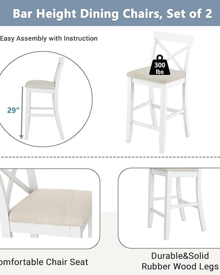 Voohek 3-Piece Bar Table and Chairs Set, Wood Counter Height Dining Furniture for 2, Small Space, Kitchen, Breakfast Nook, Bistro,Apartment, Industrial Style, White - LeafyLoom