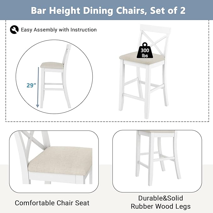 Voohek 3-Piece Bar Table and Chairs Set, Wood Counter Height Dining Furniture for 2, Small Space, Kitchen, Breakfast Nook, Bistro,Apartment, Industrial Style, White - LeafyLoom