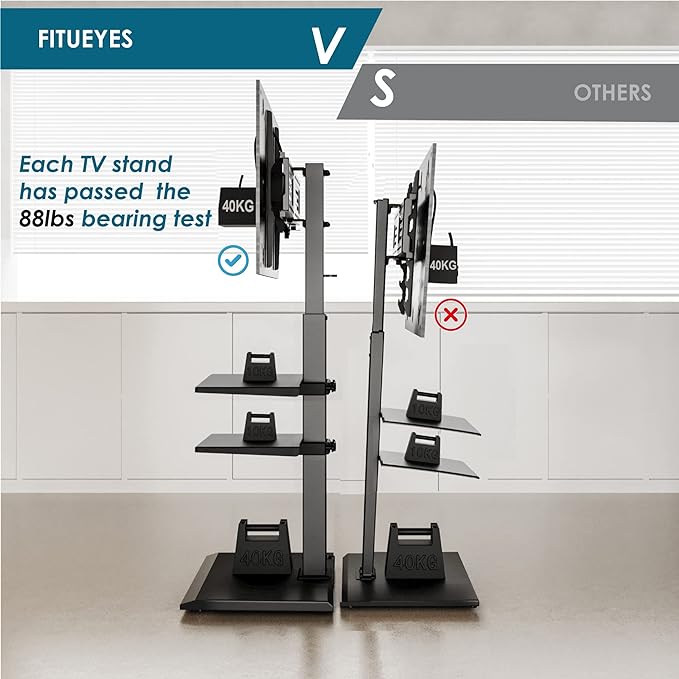 FITUEYES Iron Base Universal Floor TV Stand with Swivel Mount Space Saving for 26-65 Inch LED LCD OLED Plasma Flat Panel or Curved Screen TVs Height Adjustable Wire Management with 2 Shelves Black - LeafyLoom