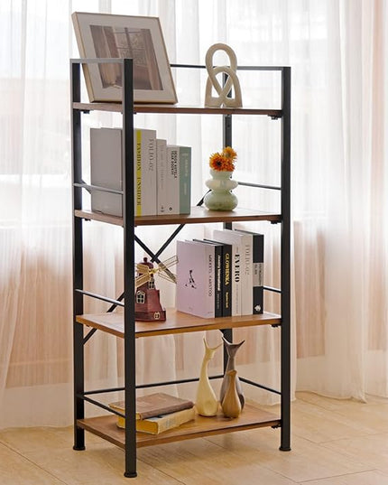 Rustic Bookshelf, 4 Tier Real Wood Bookshelf, Metal Book Shelf for Storage, Black Bookcase, 12.6" D x 23.62" W x 50.39" H - LeafyLoom